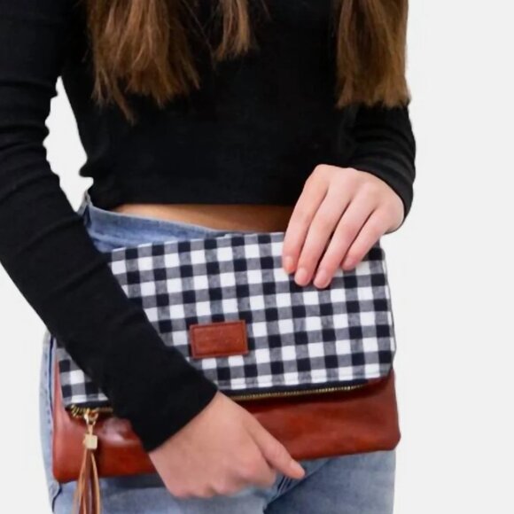 Fold Over Clutch - Brown with Black & White Buffalo Check - NWT - Picture 2 of 4